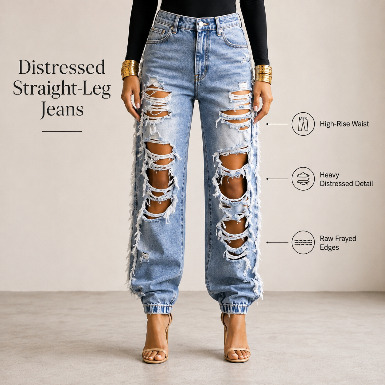 Distressed Straight-Leg Denim Jeans