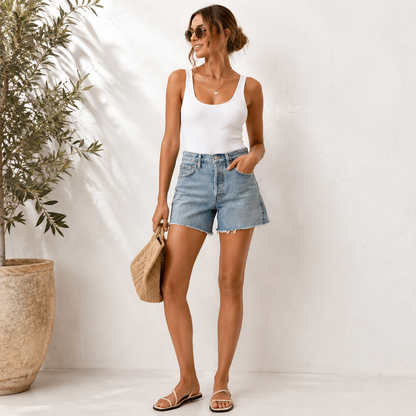 High-Rise Raw Hem Denim Shorts