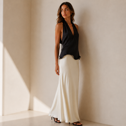Draped Halter Satin Maxi Dress