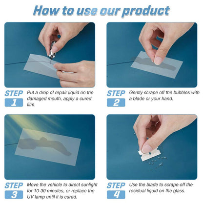 Windshield Crack Repair Kit – Advanced Resin, Curing Film & Scraper for Quick, Invisible Fixes – Long-Lasting Protection